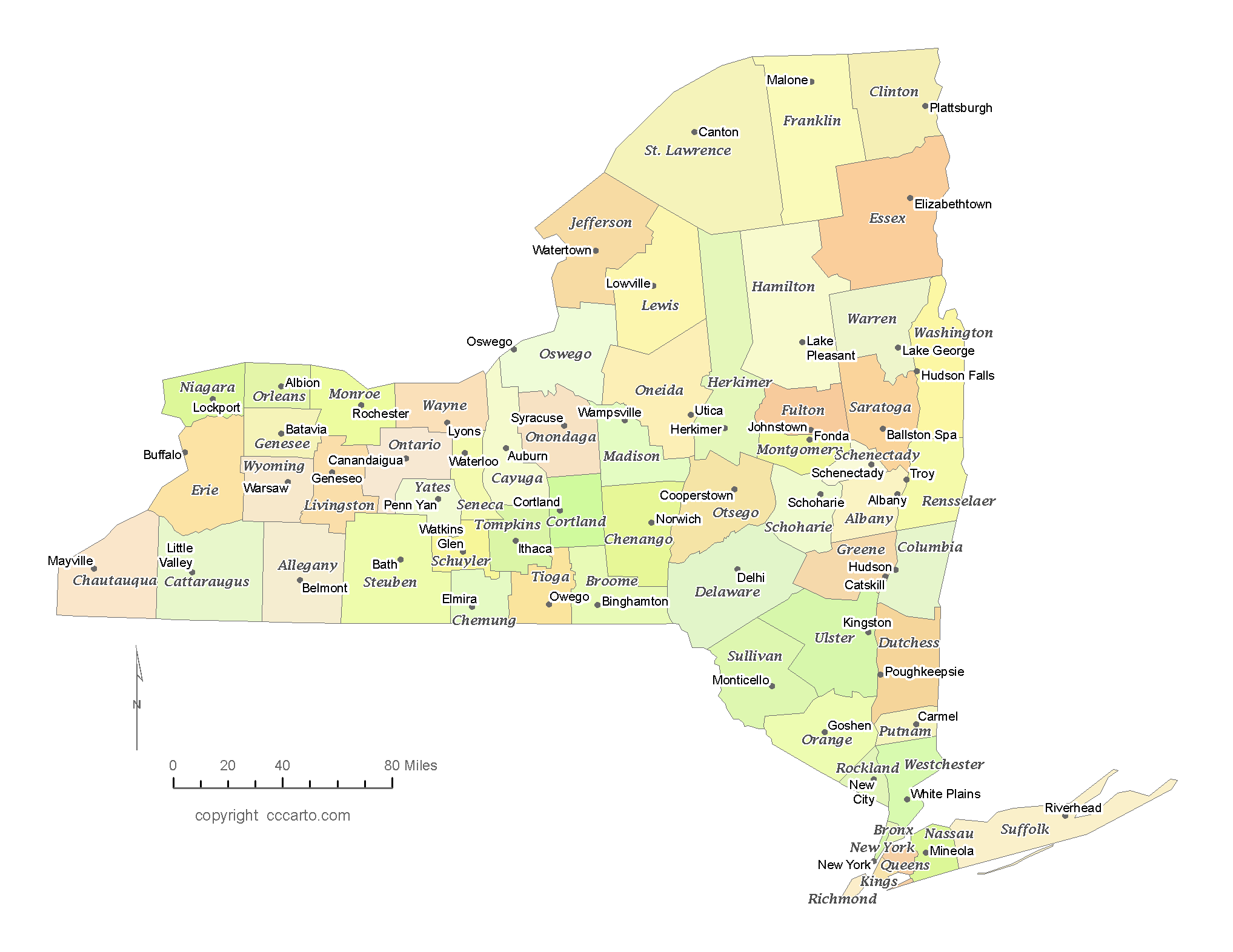 State Of New York County Map With The County Seats CCCarto