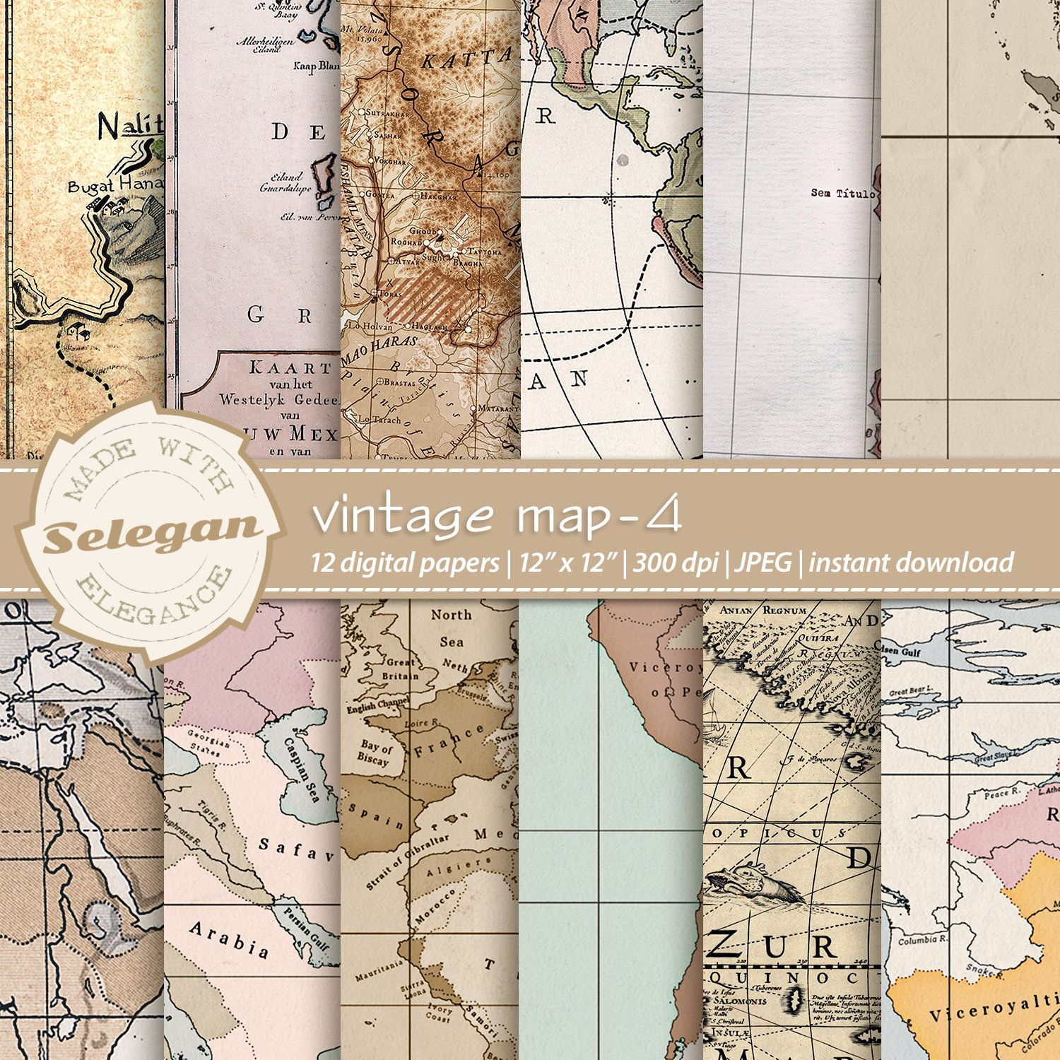 Vintage Map 4 Map Digital Paper Antique Maps Old World 