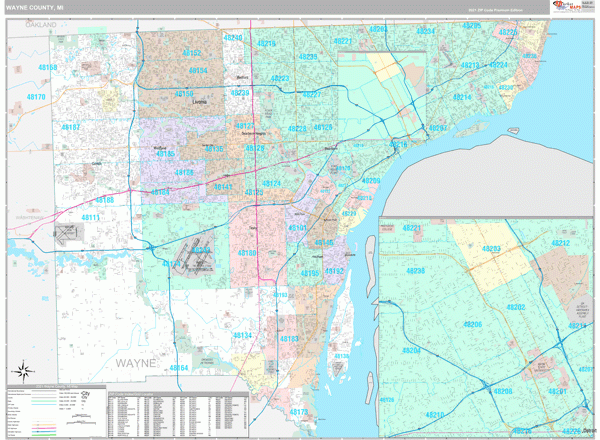 Wayne County MI Wall Map Premium Style By MarketMAPS